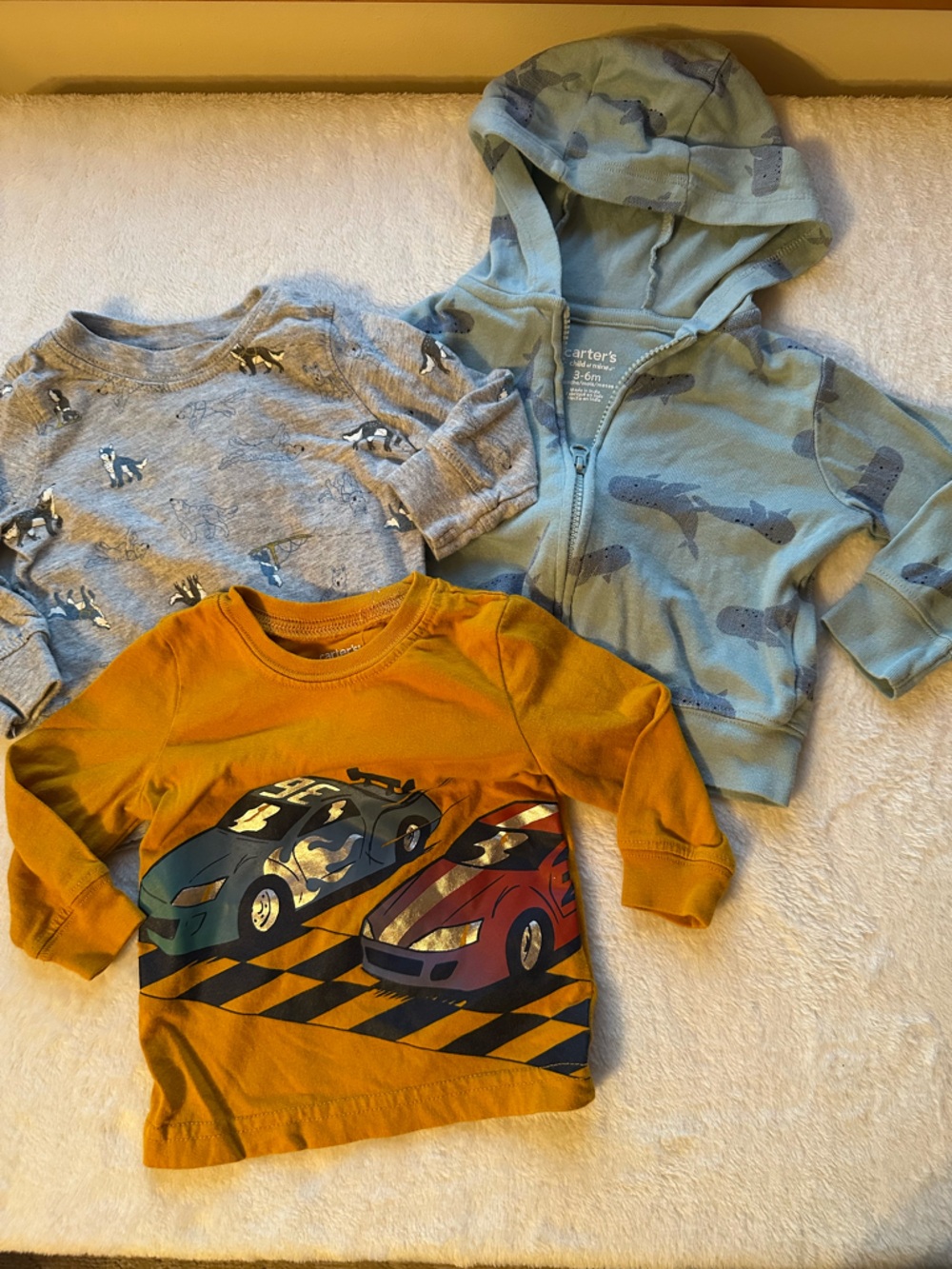Carter's Blue Whale Hoodie & Gray Whale Tee with Mustard Race Car Onesie